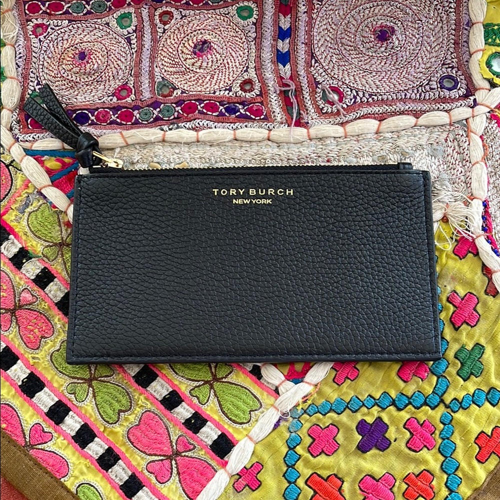 Tory Burch Black Leather Zip Wallet with Gold Logo